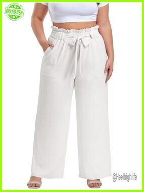 Plus Size Palazzo Pants High Waisted Wide Leg Elastic Waist Pockets Trousers